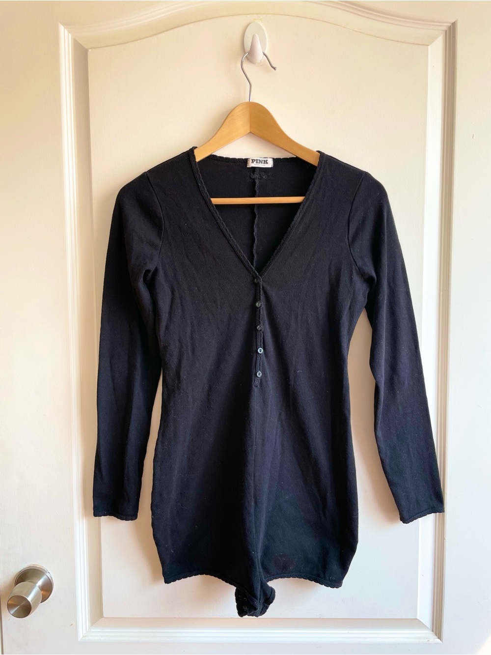 Victoria Secret Pointelle Knit Henley One Piece Pajama Size S Black 100% Cotton